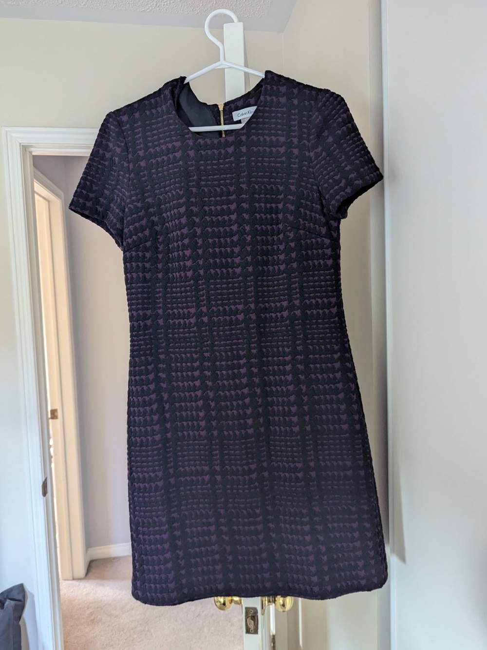 Calvin Klein Purple and Black Textured Short-Sleeve Shift Dress
